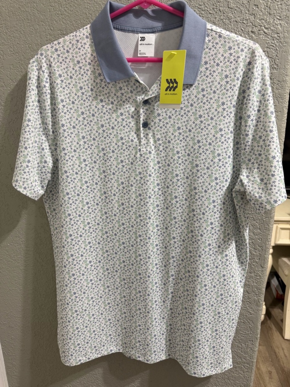 Men’s all in motion Pale Blue Floral Golf Polo with Slate Collar